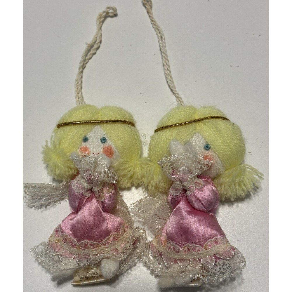 2 Vintage Hallmark YARN Christmas ornament 1984 80s Pink ANGEL Halo Praying